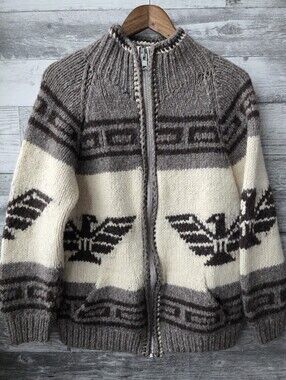Vintage Knit Cowichan Zip Up Thick Chunky Thick Wool Eagle Sweater